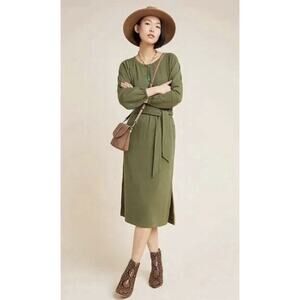 Anthropologie Thalia Dress Small Moss Green Belt Waist Lagenlook Midi Dolman Slc